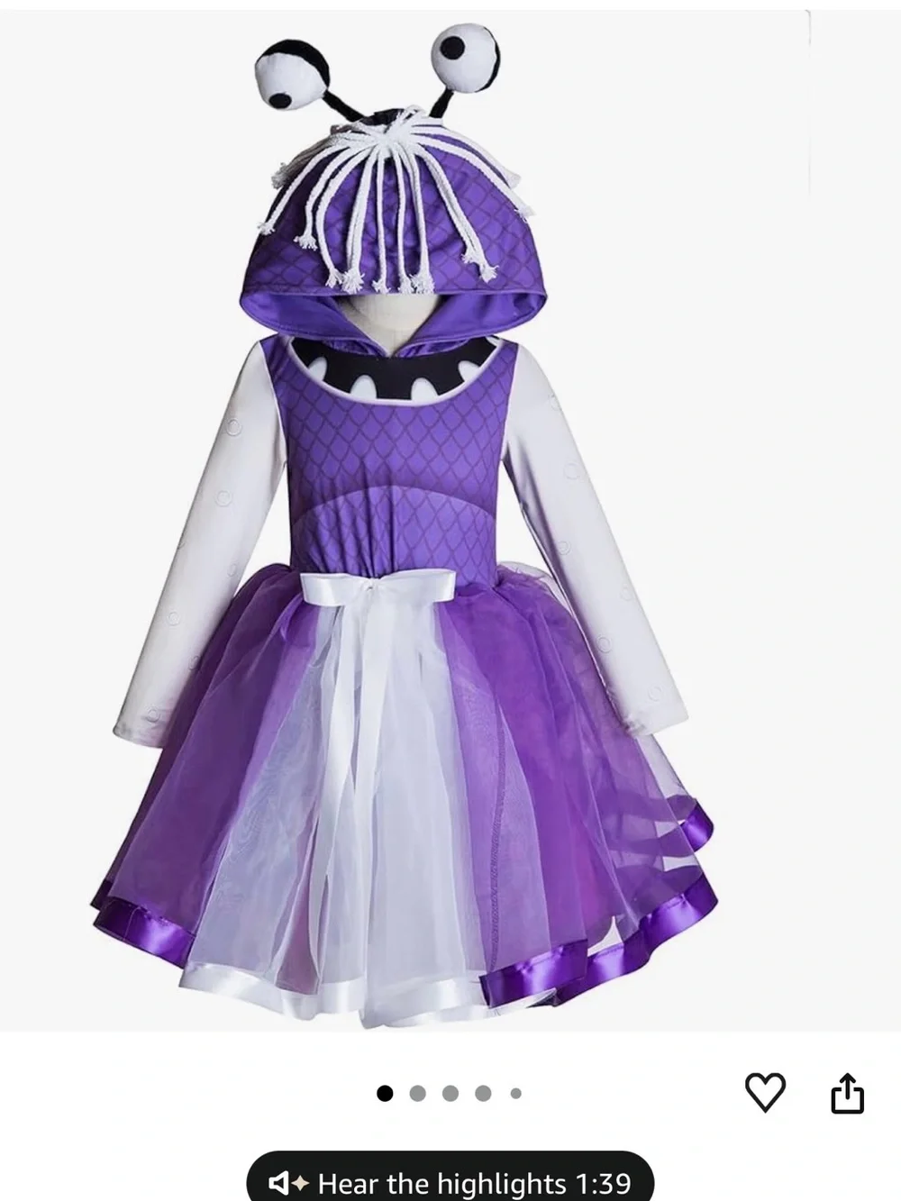 Kids Purple Monster Hooded Tulle Costume Dress